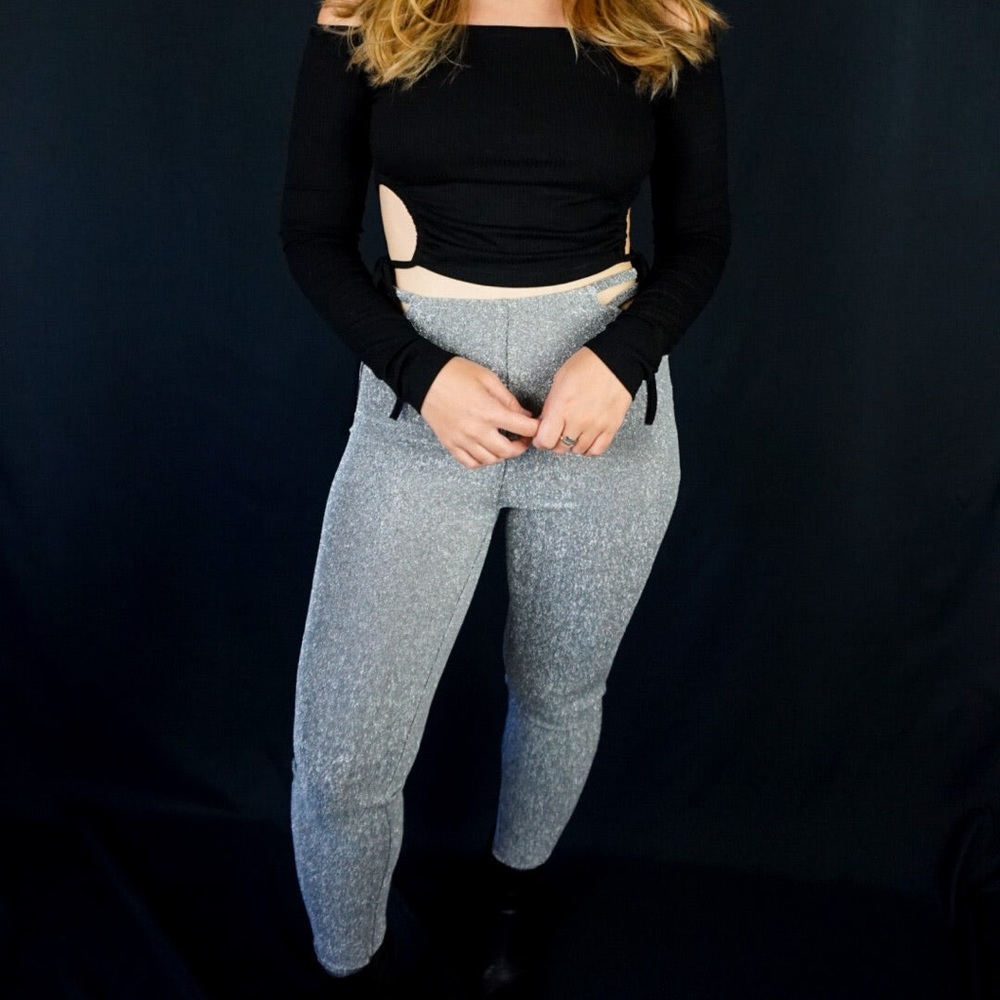 Silver sparkle stretch waistband leggings with hip cut-out detail